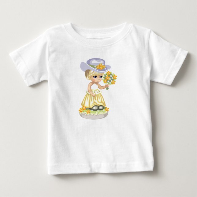 Little Girl in Yellow Easter Dress Holding Flowers Baby T-Shirt (Front)