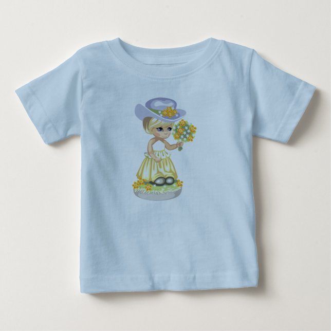 Little Girl in Yellow Easter Dress Holding Flowers Baby T-Shirt (Front)