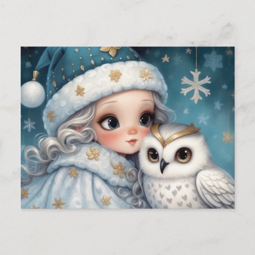 Little Girl is Hugging a White Owl Holiday Postcard