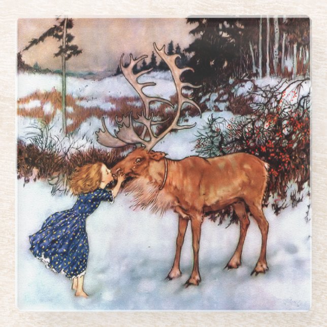 Little Girl Kissing Moose Glass Coaster (Front)