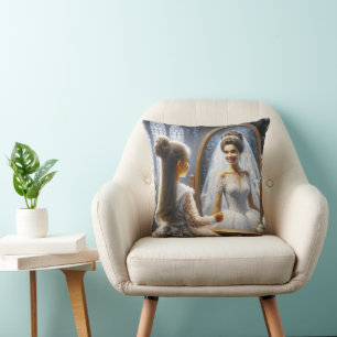 Little Girl Looking In A Mirror At A Bride Throw Pillow