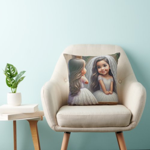 Little Girl Looking In A Mirror At A Bride Throw Pillow