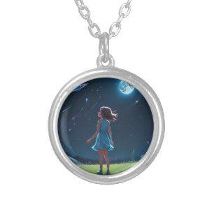 Little Girl Looking Up To The Stars Silver Plated Necklace