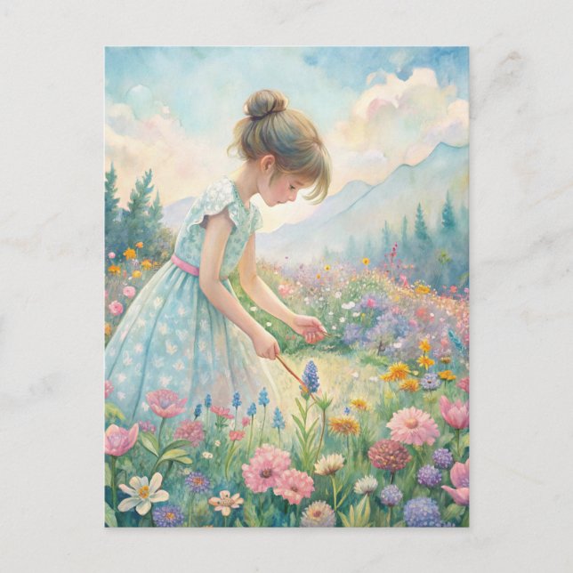Little Girl Meadow Wildflowers Mountains Pastel Postcard (Front)
