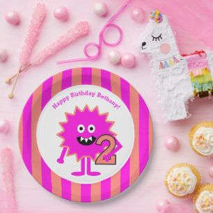 Little Girl Monster 2nd Birthday Pink Stripes Cute Paper Plates