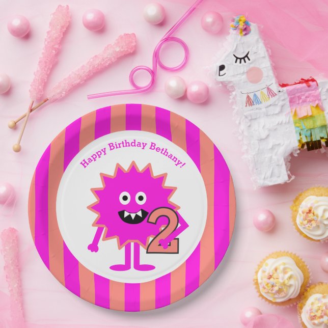 Little Girl Monster 2nd Birthday Pink Stripes Cute Paper Plates (Party)