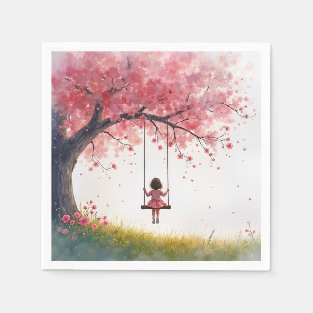 Little Girl On a Cherry Tree Swing Napkins (Front)