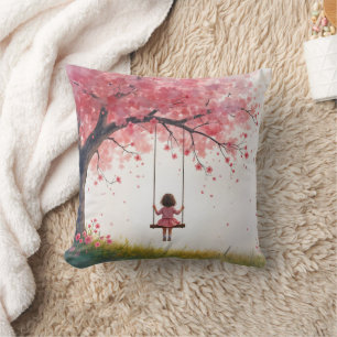 Little Girl On a Cherry Tree Swing Throw Pillow