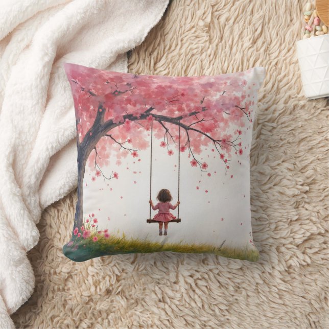 Little Girl On a Cherry Tree Swing Throw Pillow (Blanket)