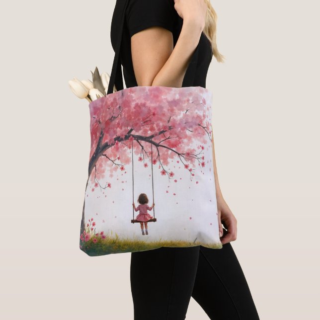 Little Girl On a Cherry Tree Swing Tote Bag (Close Up)