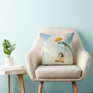 Little Girl on a Daisy Swing Throw Pillow