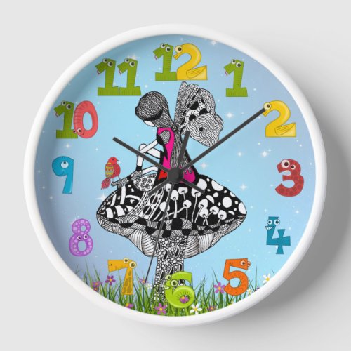 Little Girl on a Mushroom with a Bird Childs Room Clock