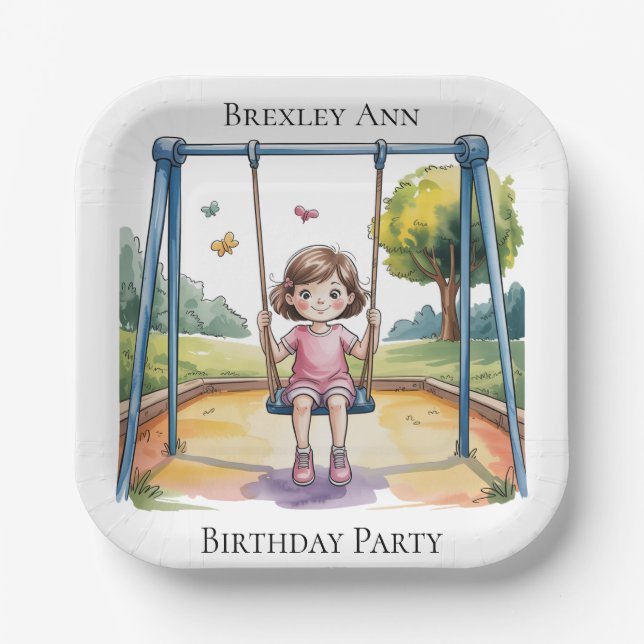 Little Girl on a Swing 4th Birthday Party Paper Plates (Front)