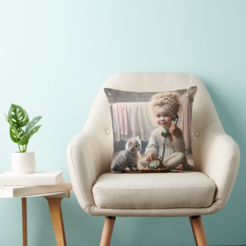 Little Girl On An Old Telephone Throw Pillow