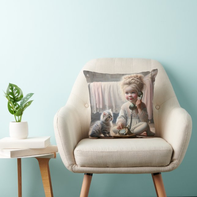 Little Girl On An Old Telephone Throw Pillow (Chair)