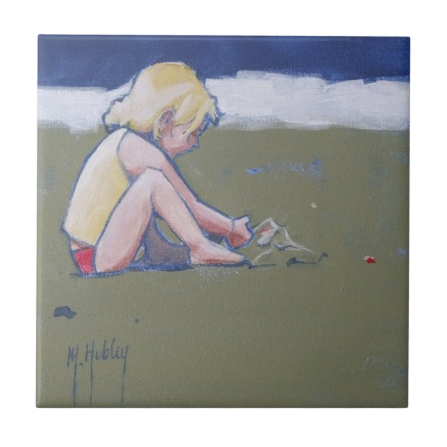 Little Girl on Beach Playing in Sand Tile (Front)