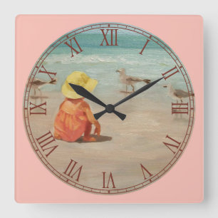 Little Girl on the Beach Fine Art Roman Numeral Square Wall Clock