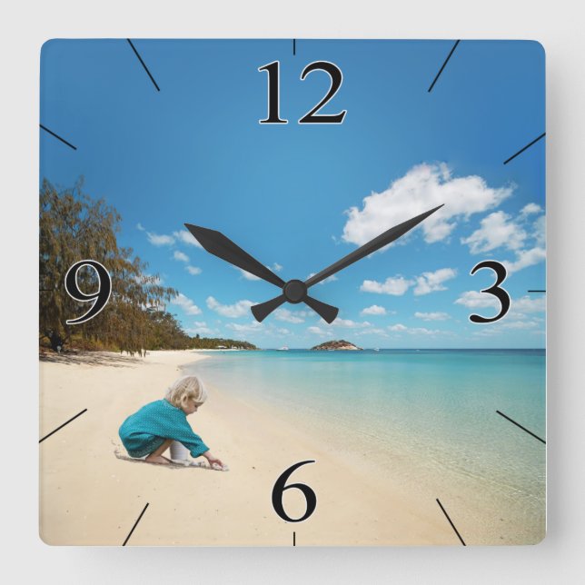 Little Girl on the Beach with Seashells Square Wall Clock (Front)
