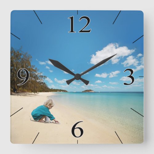 Little Girl on the Beach with Seashells Square Wall Clock