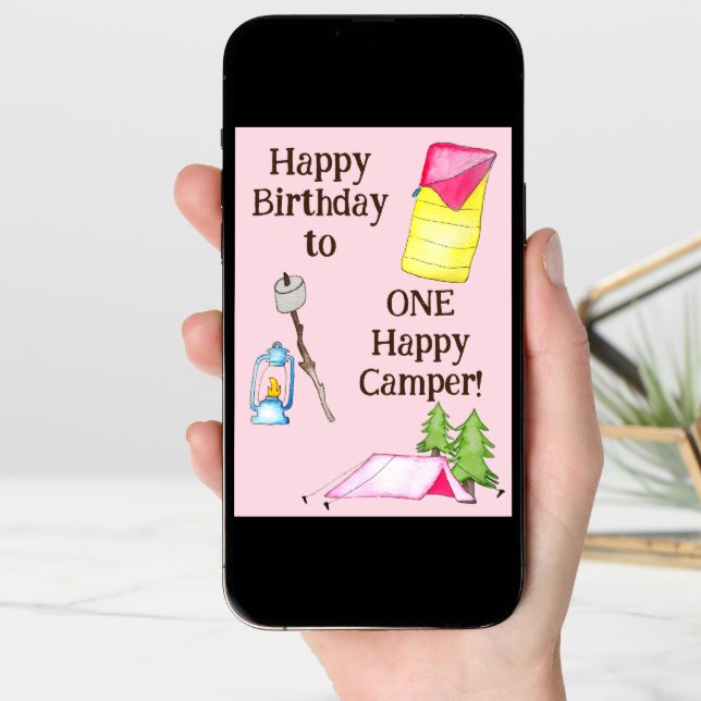 Little Girl One Happy Camper First Birthday Card (Front Digital)