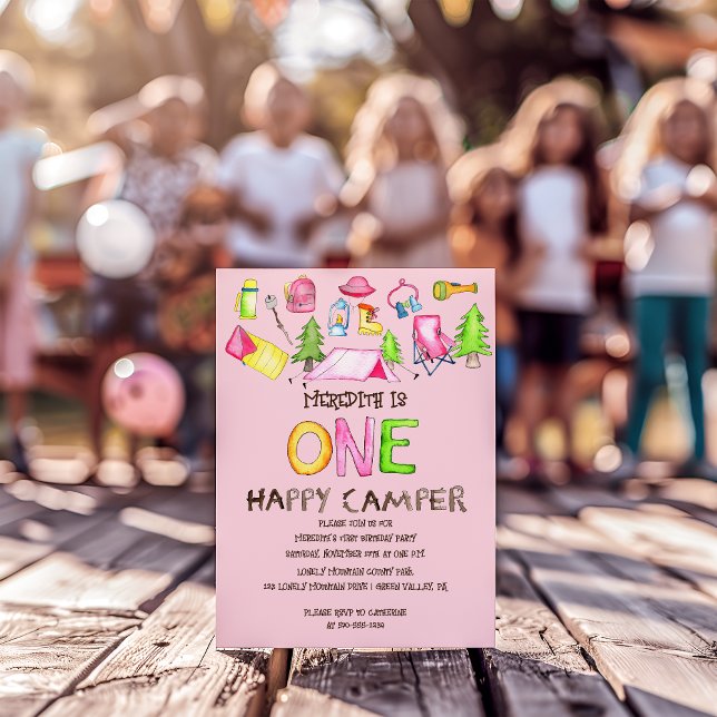 Little Girl One Happy Camper First Birthday Party Invitation (Creator Uploaded)