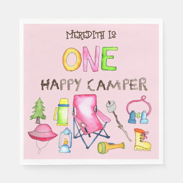 Little Girl One Happy Camper First Birthday Party Napkins (Front)