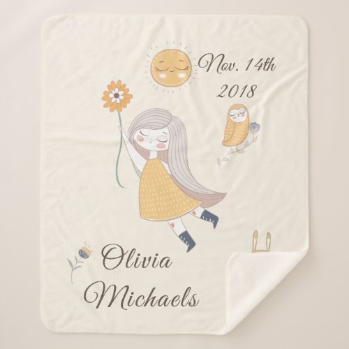 Little Girl Owl Rabbit Personalized Date and Name Sherpa Blanket