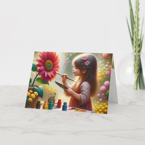 Little Girl Painting A Flower Card