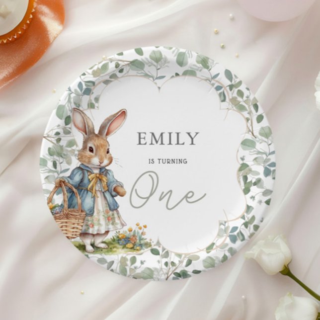 Little Girl Peter Rabbit Greenery 1st Birthday Paper Plates (Creator Uploaded)