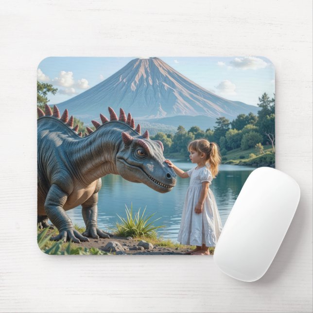 Little Girl Petting a Dinosaur Mouse Pad (With Mouse)