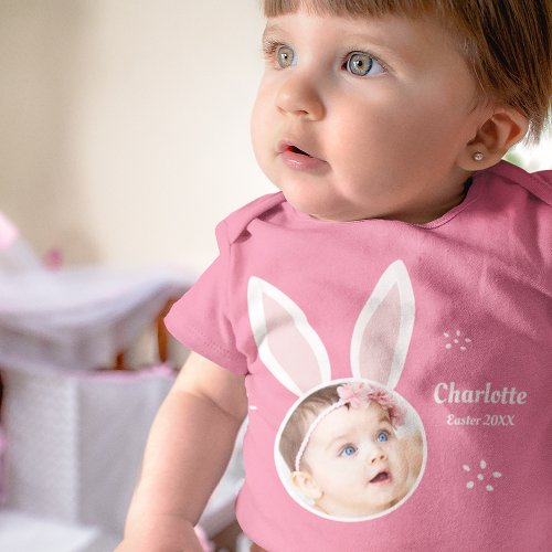 Little Girl Photo with Bunny Ears and Name Easter Baby Bodysuit
