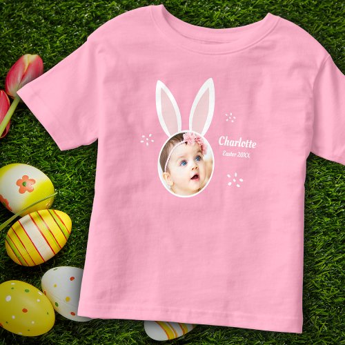 Little Girl Photo with Bunny Ears and Name Easter Toddler T_shirt