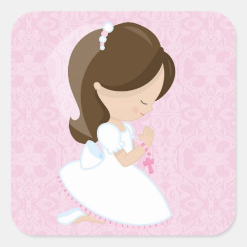 Little Girl Pink First Communion Square Sticker
