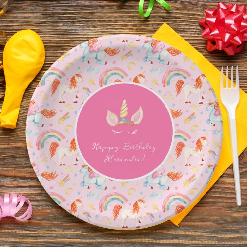 Little Girl Pink Unicorn Pattern Happy Birthday Paper Plates