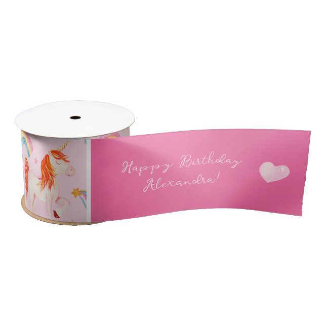 Little Girl Pink Unicorn Pattern Happy Birthday Satin Ribbon (Spool)