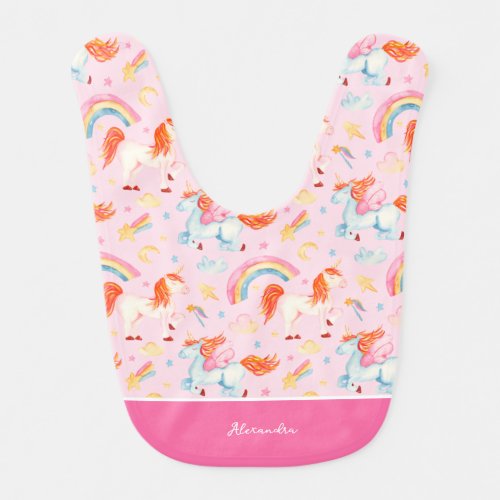 Little Girl Pink Unicorn Pattern with First Name Baby Bib