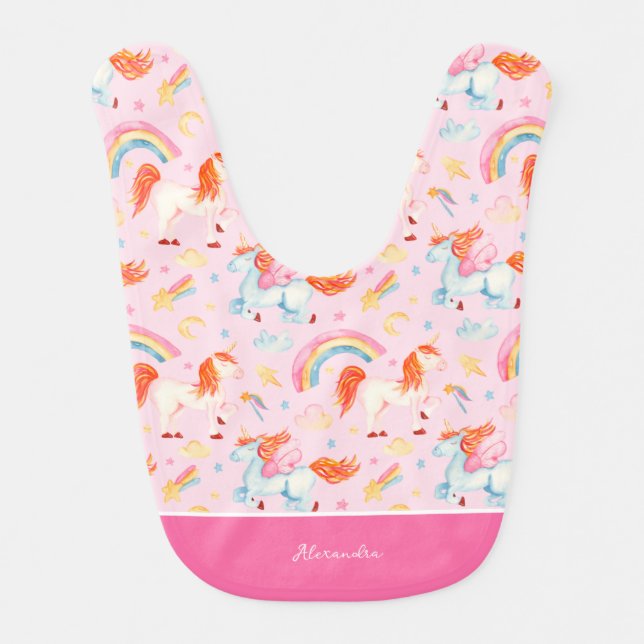 Little Girl Pink Unicorn Pattern with First Name Baby Bib (Front)