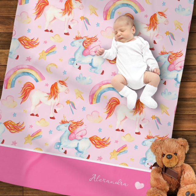Little Girl Pink Unicorn Pattern with First Name Baby Blanket (Creator Uploaded)