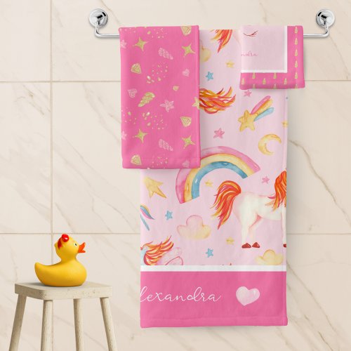 Little Girl Pink Unicorn Pattern with First Name Bath Towel Set