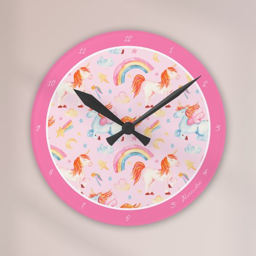 Little Girl Pink Unicorn Pattern with First Name Round Clock