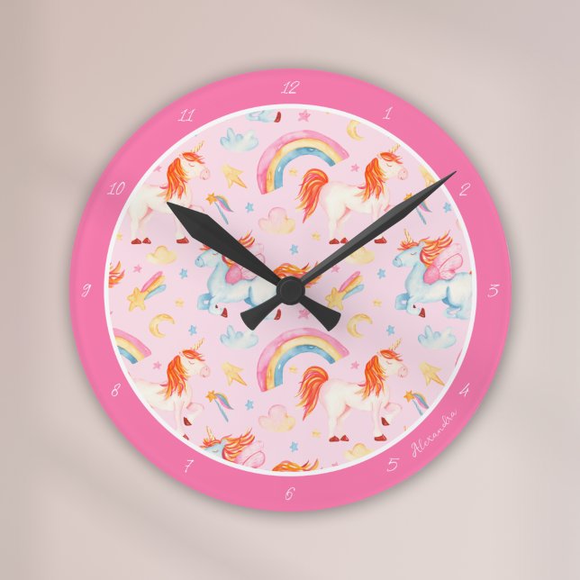 Little Girl Pink Unicorn Pattern with First Name Round Clock (Creator Uploaded)