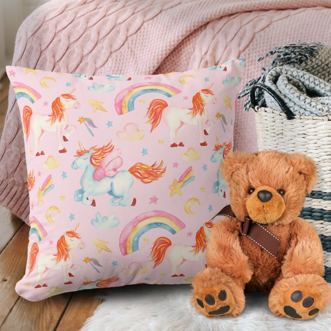 Little Girl Pink Unicorn Pattern with First Name Throw Pillow (Creator Uploaded)