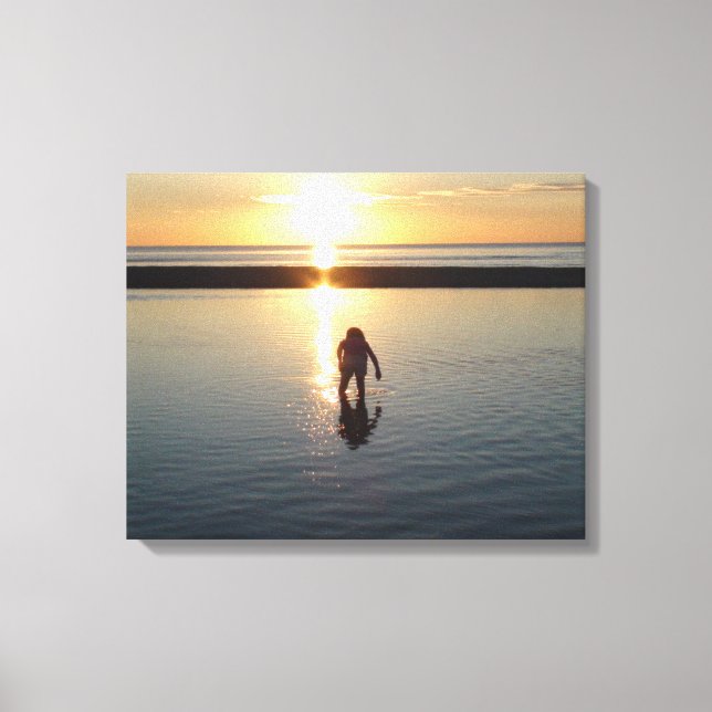 Little Girl Playing at Sunset in Low  Tide Water Canvas Print (Front)