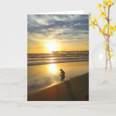 Little Girl Playing on the Beach at Sunset Card (Yellow Flower)
