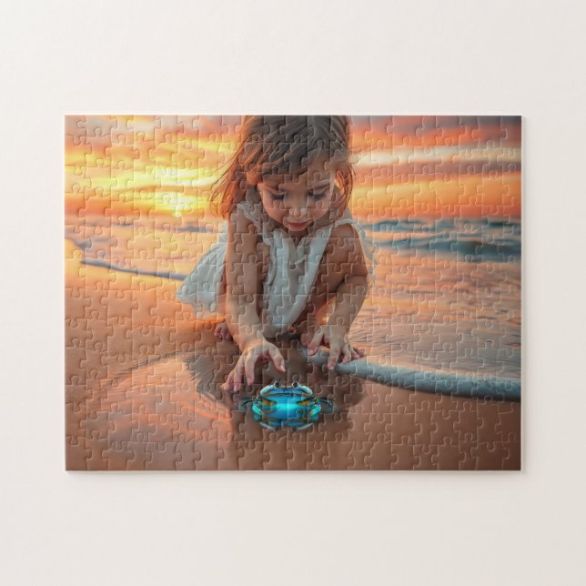 Little girl playing with a crab jigsaw puzzle (Horizontal)