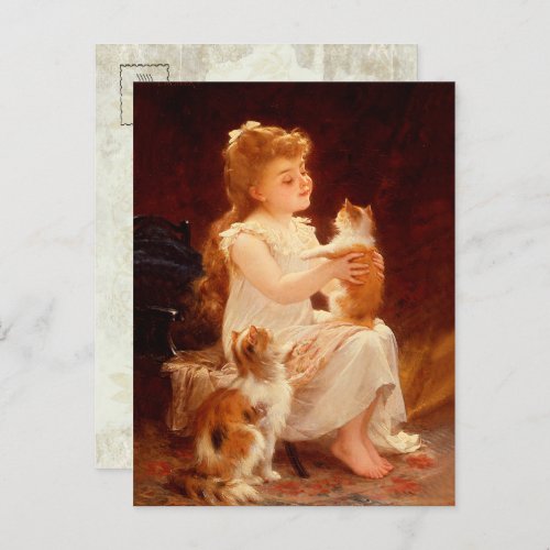 Little Girl Playing with the kitten 1893 Postcard