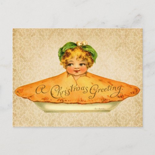 Little Girl popping out of Christmas Pie Holiday Postcard