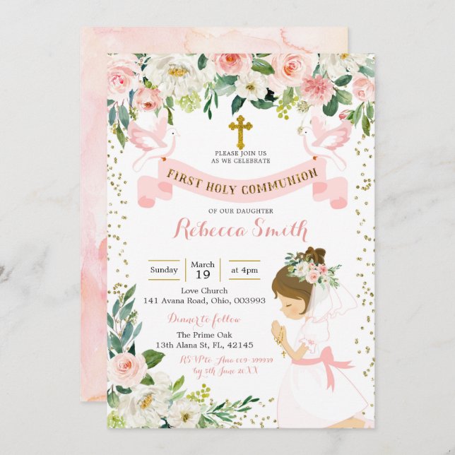 Little Girl Praying Floral First Holy Communion Invitation (Front/Back)
