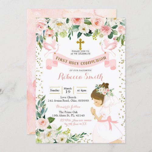 Little Girl Praying Floral First Holy Communion Invitation