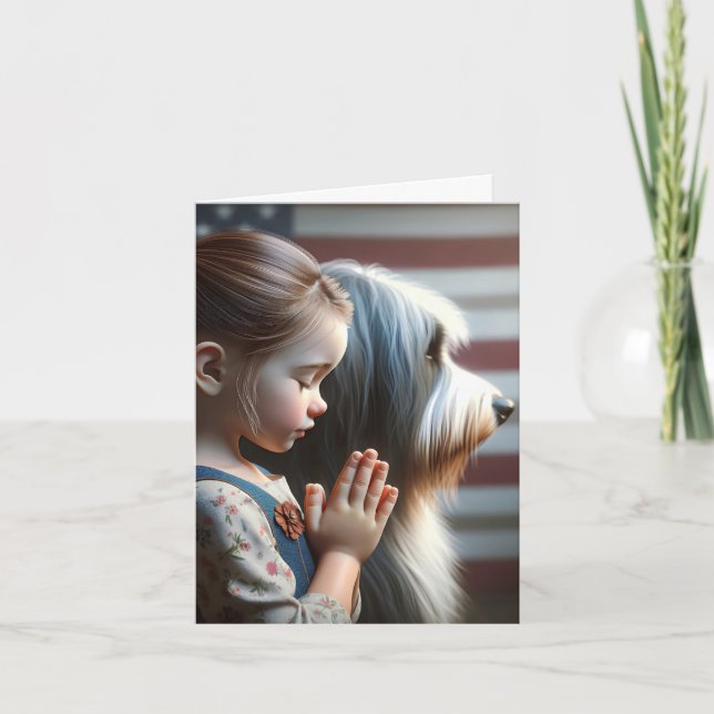 Little Girl Praying With Bearded Collie Card (Front)